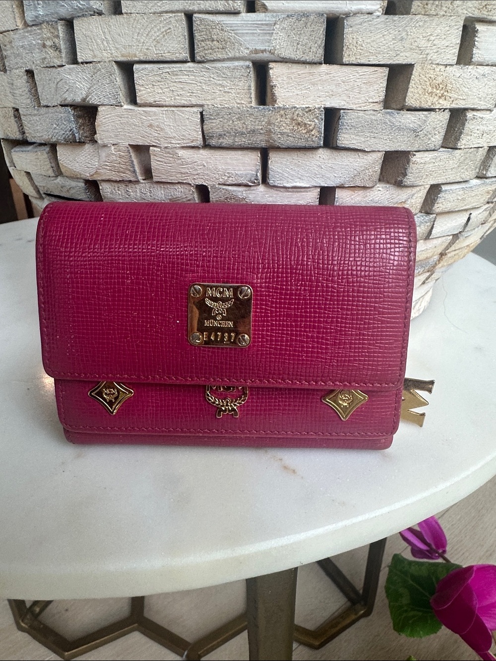 MCM Raspberry Pink Textured Leather Wallet with Gold Plaque